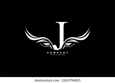 White J letter logo design with wing shaped feather ornament. monogram emblem, typography logo. initial letter.suitable for logos of business, boutique, company, fashion, hotel, etc