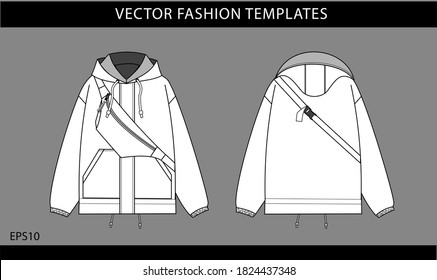 white jacket with bag. bomber jacket front and back view. winter jacket isolated. 