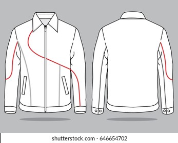 White Jacket with Red Curves Lines Design on Gray Background. Front and Back Views, Vector File.