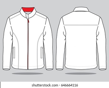 White Jacket with Red Hidden Zip Design on Gray Background. Front and Back Views, Vector File.