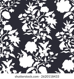 White Jacobean seamless pattern with hand drawn flowers and leaves silhouettes on black background. Boho floral repeat wallpaper with indian chintz ornament. Vector illustration