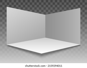 White jail box. Inside corner, 3d exhibition booth render, blank deep interior, empty floor square, blanked corners cube, perspective room backdrop vector illustration