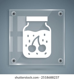 Icono de tarro de mermelada blanco aislado sobre fondo gris. Paneles de vidrio cuadrados. Vector
