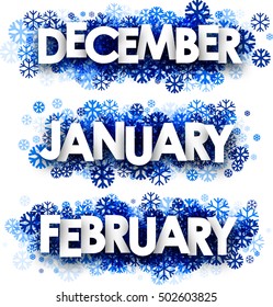 White January, February, December banners with blue snowflakes. Vector illustration.