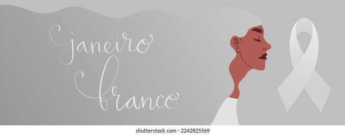 White January in portuguese Janeiro Branco, Brazil campaign for mental health awareness banner. Handwritten calligraphy lettering, latina adult woman vector art