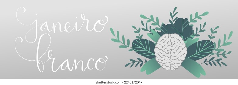 White January in portuguese Janeiro Branco, Brazil campaign for mental health awareness banner. Handwritten calligraphy lettering, brain, plant leaf and branch vector art