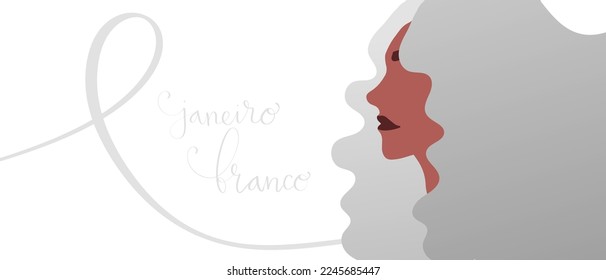 White January in portuguese Janeiro Branco, Brazil campaign for mental health awareness banner. Handwritten calligraphy lettering, latina adult woman vector art