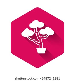 White Japanese bonsai tree icon isolated with long shadow background. Japanese culture, horticulture, olericulture hobby concept. Pink hexagon button. Vector