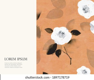 White japanese camelia flowers on vintage beige background with place for your text. Traditional Japanese ink wash painting sumi-e in romantic style.