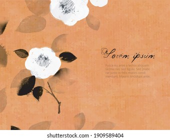 White japanese camelia flowers on vintage beige background with place for your text. Traditional Japanese ink wash painting sumi-e in romantic style.