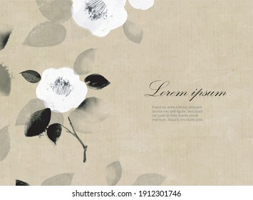 White japanese camelia flowers on neutral beige background with place for your text. Traditional Japanese ink wash painting sumi-e