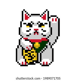 White Japanese Lucky Cat Maneki Neko Beckoning Good Luck Figurine Bobtail 8bit Pixel Art