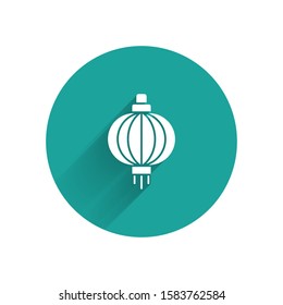 White Japanese paper lantern icon isolated with long shadow. Green circle button. Vector Illustration