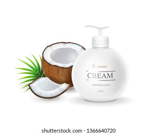 White jar and dispenser bottle with coconut. Moisturizing cream, gel, milk body lotion with coconut oil