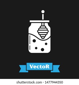 White Jar of honey and honey dipper stick icon isolated on black background. Food bank. Sweet natural food symbol. Honey ladle.  Vector Illustration