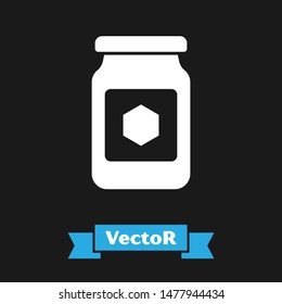 White Jar of honey icon isolated on black background. Food bank. Sweet natural food symbol.  Vector Illustration
