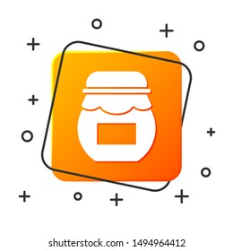 White Jar of honey icon isolated on white background. Food bank. Sweet natural food symbol. Orange square button. Vector Illustration