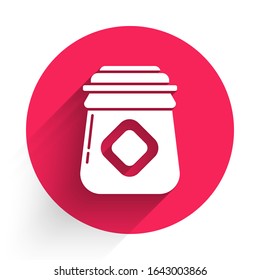 White Jar of honey icon isolated with long shadow. Food bank. Sweet natural food symbol. Red circle button. Vector Illustration