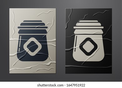 White Jar of honey icon isolated on crumpled paper background. Food bank. Sweet natural food symbol. Paper art style. Vector Illustration