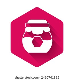 White Jar of honey icon isolated with long shadow background. Food bank. Sweet natural food symbol. Pink hexagon button. Vector