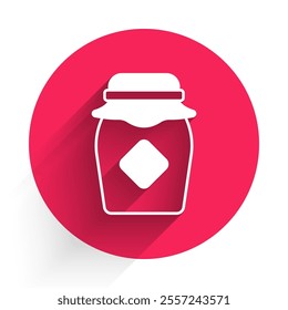 White Jar of honey icon isolated with long shadow background. Food bank. Sweet natural food symbol. Red circle button. Vector