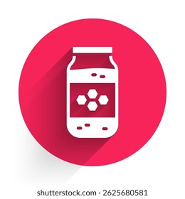 White Jar of honey icon isolated with long shadow. Food bank. Sweet natural food symbol. Red circle button. Vector