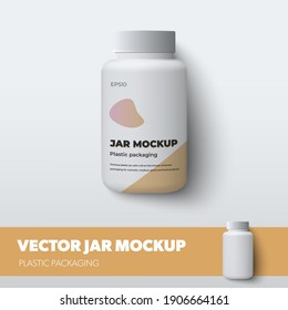 White jar vector template, isolated on background, for design presentation. Mockup plastic bottle with screw cap with realistic shadows and yellow illustration. Packaging with organic products, cream