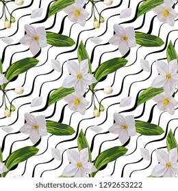 White Jasmine Flowers Vector Seamless Pattern