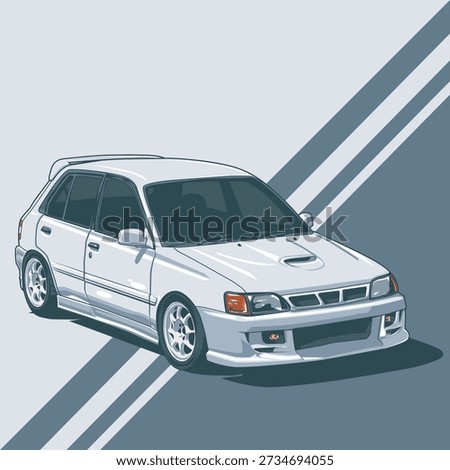 White JDM hatchback vector illustration. Features a clean tuner style with lowered suspension and aftermarket rims on a diagonal striped background. Perfect for automotive design.