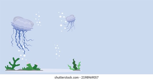 White Jellyfish dancing in the dark blue ocean water.