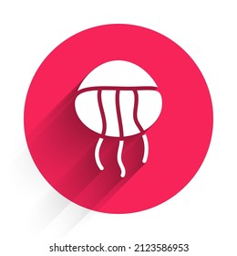 White Jellyfish icon isolated with long shadow. Red circle button. Vector