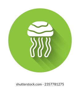 White Jellyfish icon isolated with long shadow. Green circle button. Vector