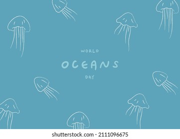 white jellyfish on blue background. background of textile, poster, banner.