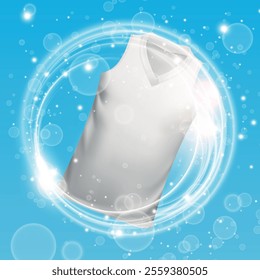 White jersey washing in water with soap bubble and Providing whiteness and deep clean. Vector illustration.