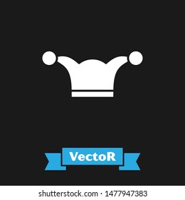 White Jester hat with bells isolated on black background. Clown icon. Amusement park funnyman sign.  Vector Illustration