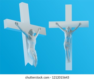 White Jesus on the Cross on Blue Background. Vector 3D Rendering