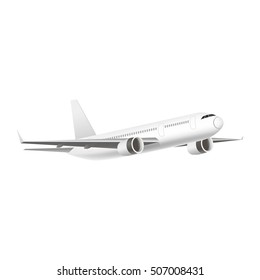 White Jet Airplane in the Air. Vector illustration of aircraft fly template. Passenger or commercial in sky Isolated mock up for aviation or transportation design concept