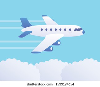 White jet airplane in blue sky flying above clouds vector illustration, passenger airliner travel cartoon icon flat design.