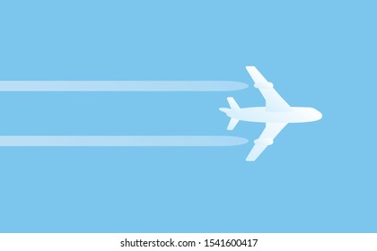 White jet airplane flying high in blue sky with trace or contrail vector illustration