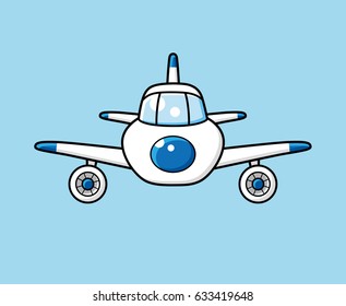 White jet airplane front view.