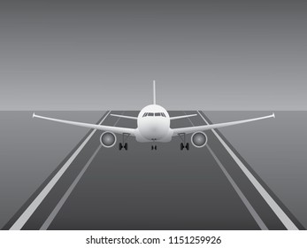 A white jet airplane landing on airport runway vector illustration