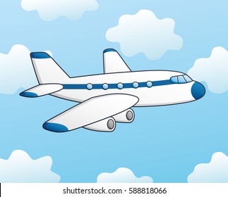 White jet airplane on a sky background. Vector illustration.