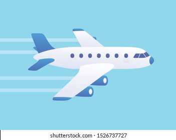 White jet airplane with trace in a blue sky vector illustration, passenger airliner travel flat design.