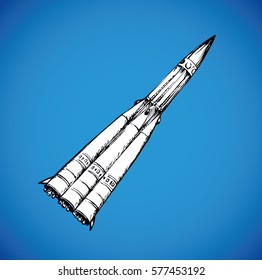 White jet booster vessel start takeoff to orbit mission. Freehand outline ink drawn picture sketchy in scribble retro style pen on paper with space for text on dark blue sky background