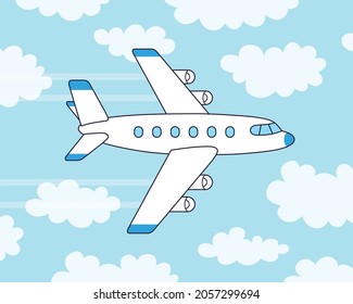 White jet passenger airplane flying in a blue sky with clouds vector illustration