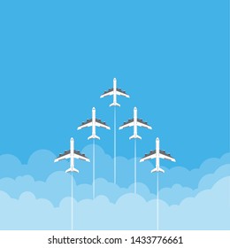 White jet planes flying high in the clouds. Flat design, vector.