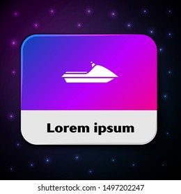 White Jet ski icon isolated on black background. Water scooter. Extreme sport. Rectangle color button. Vector Illustration