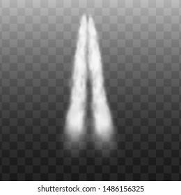 White jet smoke motion with double trail, powerful rocket or airplane launch fog trace rom high speed vehicle on air, fuel burning sign isolated on transparent background, vector illustration