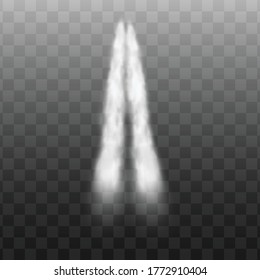 White jet smoke motion with double trail, powerful rocket or airplane launch fog trace rom high speed vehicle on air, fuel burning sign isolated on transparent background, vector illustration