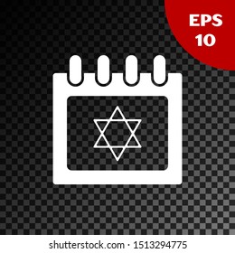 White Jewish calendar with star of david icon isolated on transparent dark background. Hanukkah calendar day.  Vector Illustration